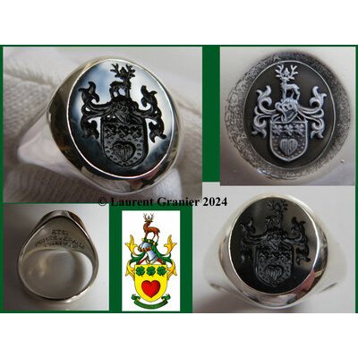 2024 - Fabrication d’une chevalière pour homme en argent massif 925/000e d'un poids de 11,3 g avec un plateau ovale en onyx fin de 14 x 12 mm et gravée à la main à sceller aux armes de la famille Hubrechts (Belgique).