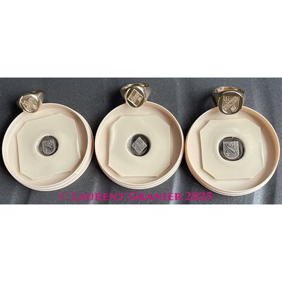 2025 - Three 18 carat yellow gold signet rings, with hand-engraved to be sealed oval heads with the Weterwald family Coat of Arms.